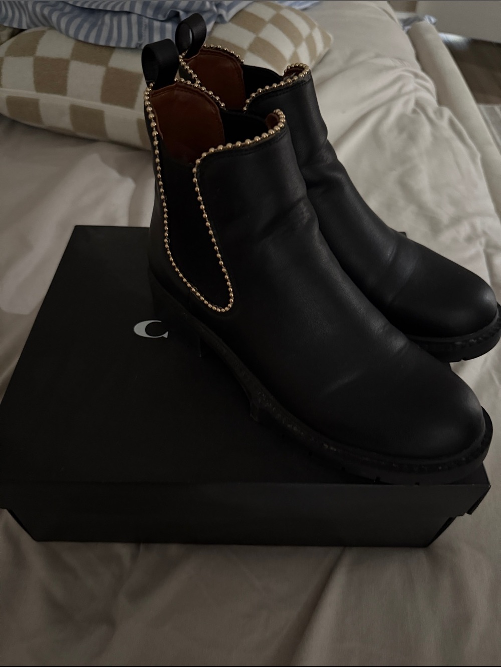 Coach Black Suede Chelsea Booties with Gold Bead Trim